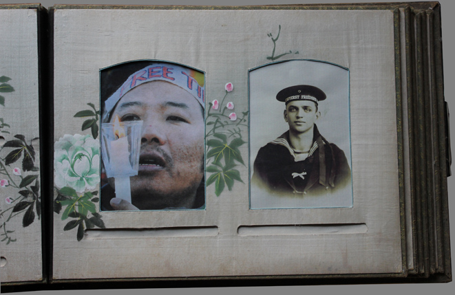 "Tsing Tang", 2008,
  installation with historical sailor's chest and historical Chinese album: Chinese album,
  detail (Kirsten Kötter)