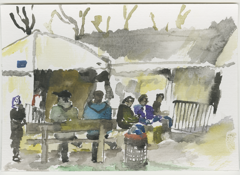 2016-03-17_52-52725_13-34790_lageso_fluechtlinge-vor-zelten, refugees waiting outside, it is cold, sketch, 17 × 24 cm (Kirsten Kötter)