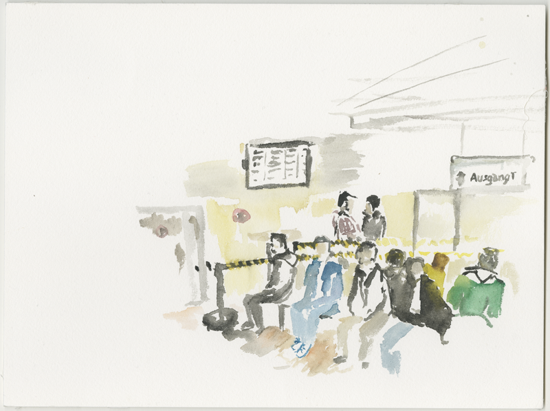 2016-05-02_52-52725_13-34790_lageso_skizze3, waiting room in the LAGeSo, sketch, 24 × 32 cm (Kirsten Kötter)