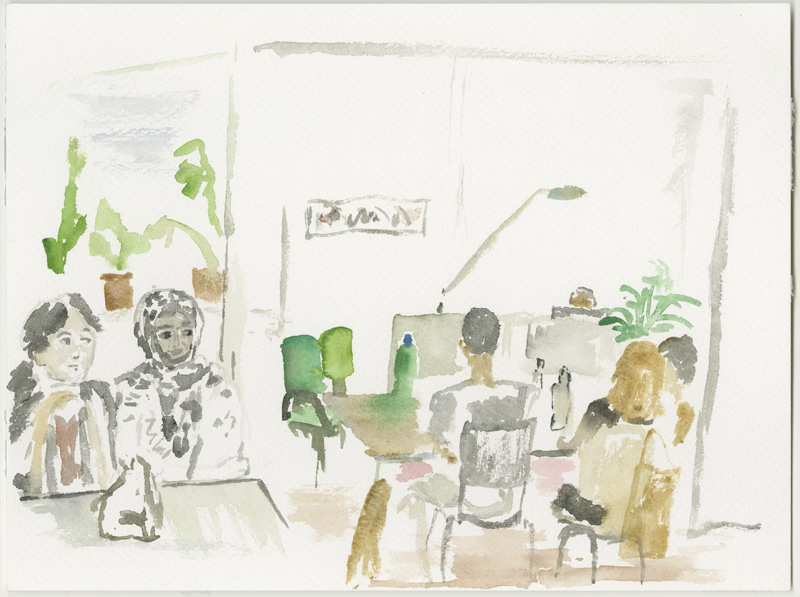 2016-07-22_52-52725_13-34790_lageso-dolmetscher_skizze, Interpreters in their room, waiting for an interview, sketch, 24 × 32 cm (Kirsten Kötter)