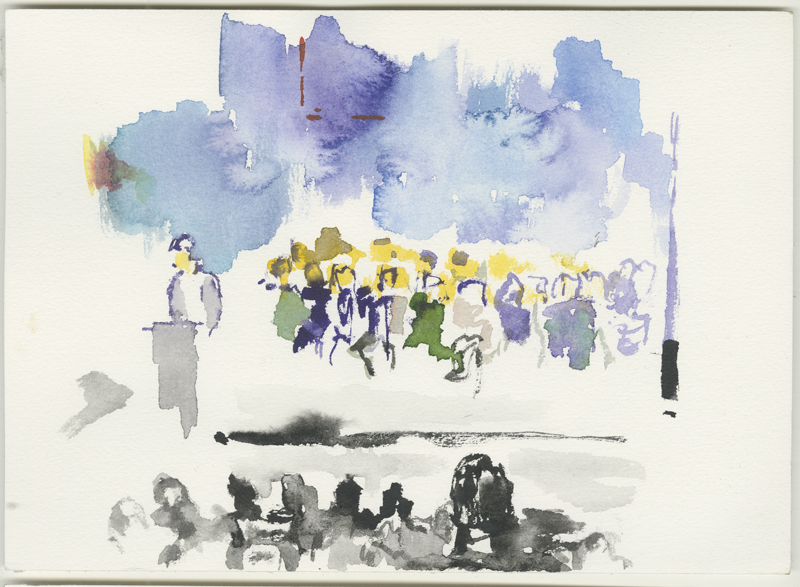 Adam Scymczyk talking in front of the chorus. Kirsten Kötter, water colour, 17 x 24 cm (Kirsten Kötter)