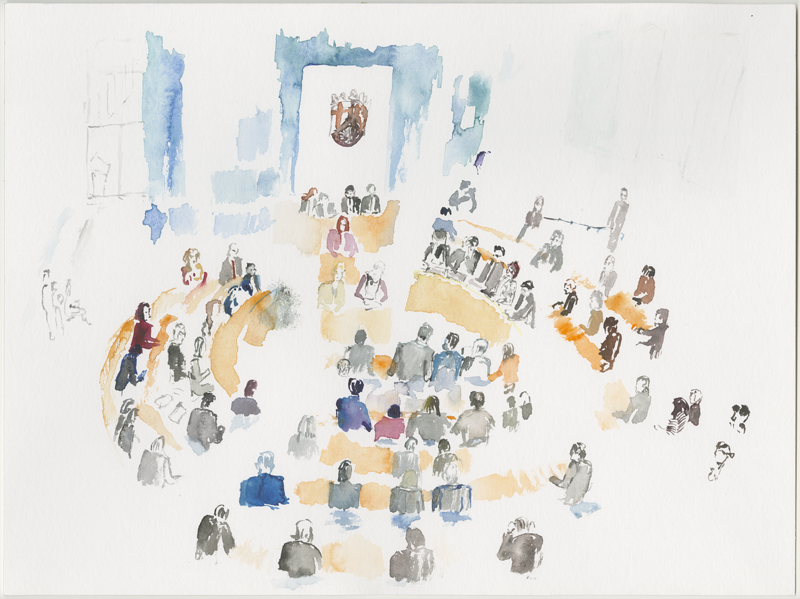 2019-02-21_plenarsitzung_skizze, plenary session Landtag (German state parliament) Rheinland-Pfalz, 
  Mainz, water colour, 30 × 40 cm (Kirsten Kötter)