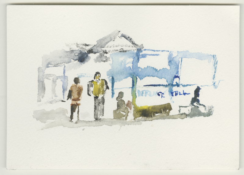 2022-03-11_berlin-hbf-ukraine-flucht-zelt-skizze, sketch, 12 × 17 cm (Kirsten Kötter)