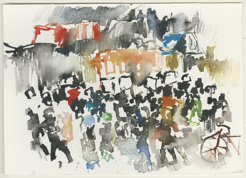 2024-02-17_hanau-markt_demo-4jahre-nach-2020-02-19_anschlag-hanau, sketch, 17 × 24 cm (Kirsten Kötter)