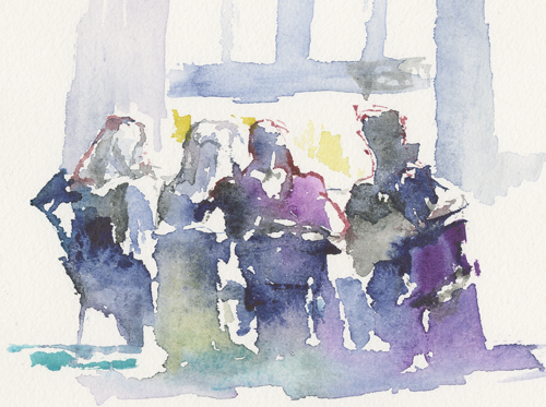 Site-specific research Şehitlik Mosque, Berlin, 2015-04-05_sehitlik-moschee_skizze, in the women's room of the Şehitlik mosque, women are reading the Koran (Quran) before prayer, sketch, watercolour, image section of 24 × 32 cm (Kirsten Kötter)